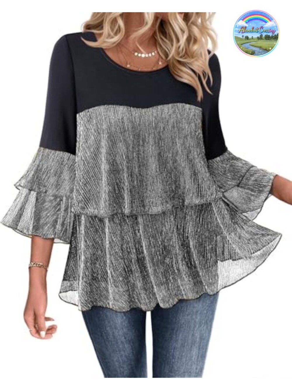 Womens Dressy Sparkly Peplum Tunic Top 3/4 Ruffle Sleeve Flowy Evening Blouse